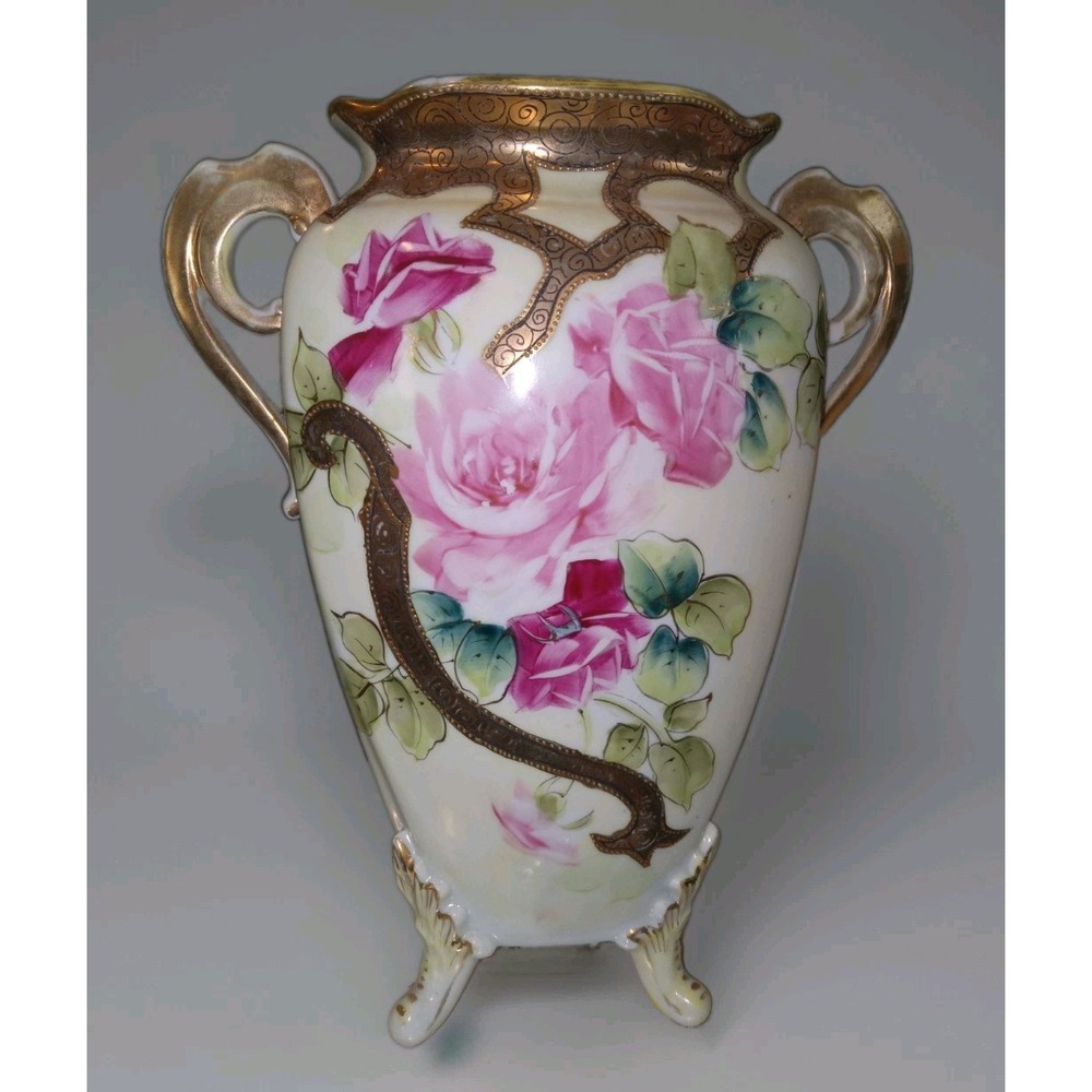 Antique Nippon Era Tashiro Shoten Pink Rose Vase Raised Moriage Hand Painted